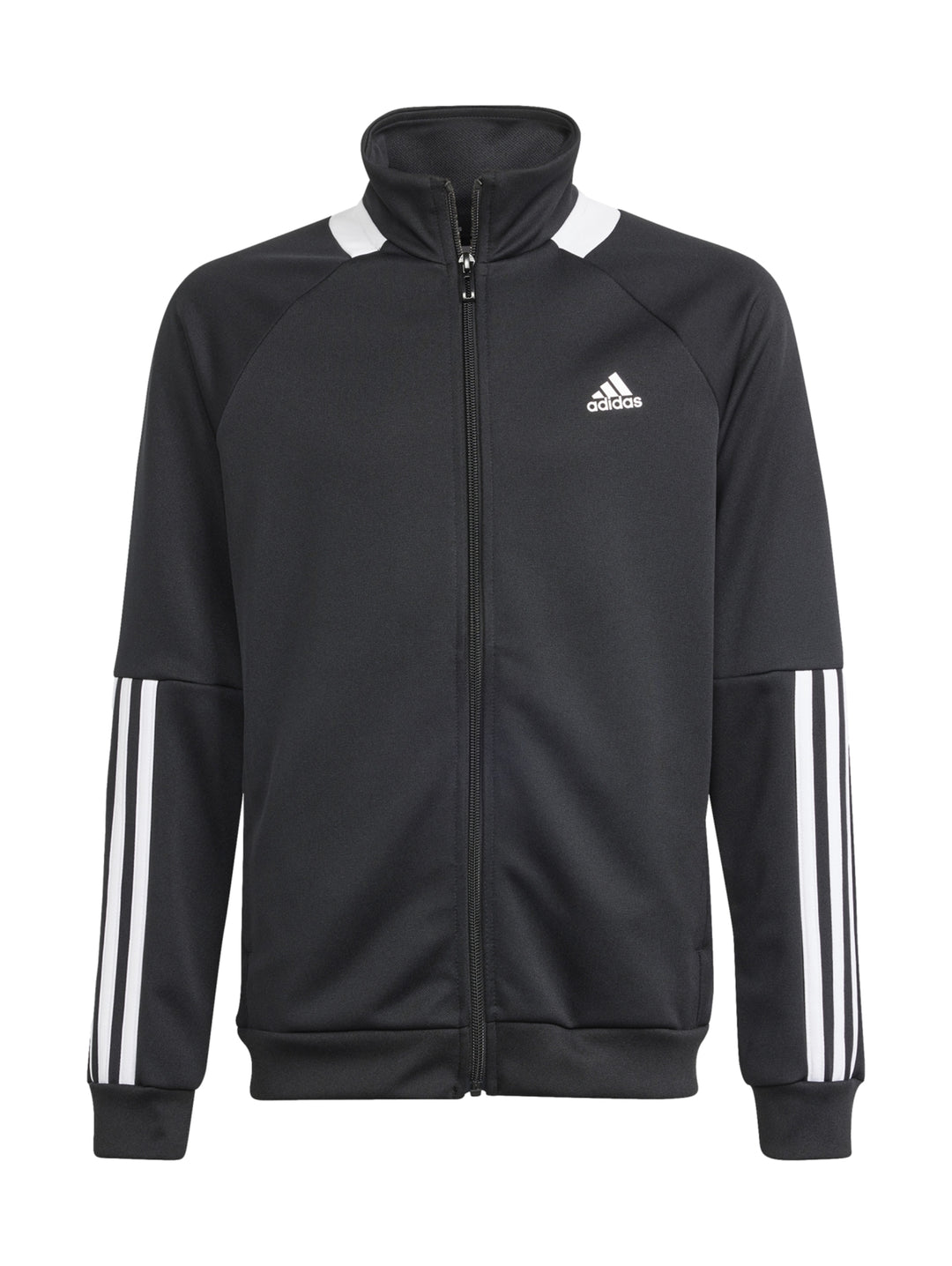 Conjunto deportivo Adidas negro con rayas blancas en las mangas, incluye chaqueta y pantalón.