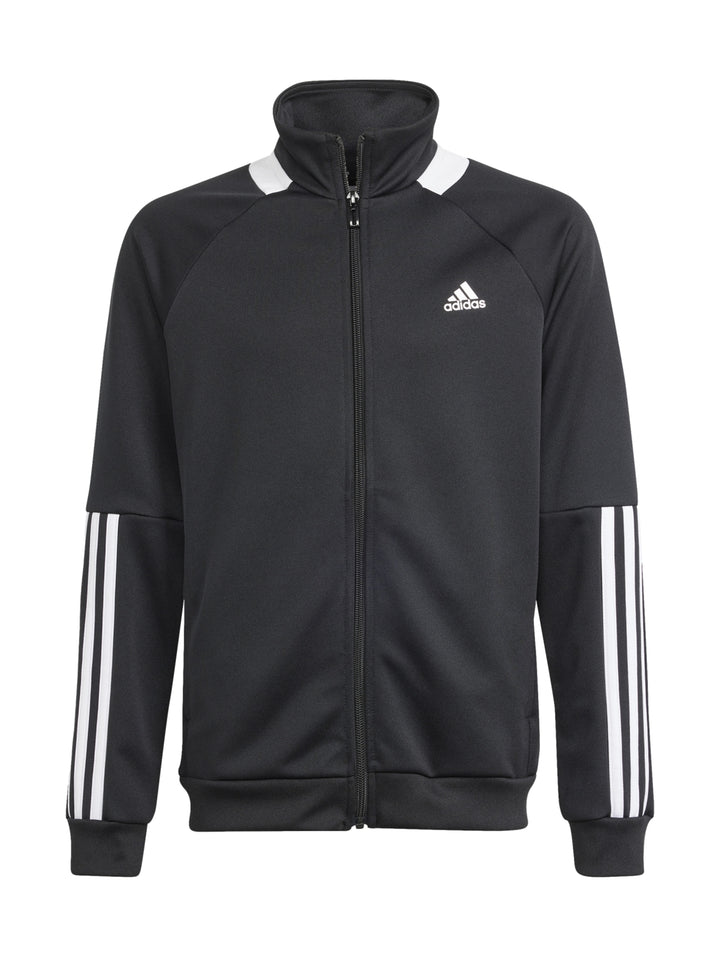 Conjunto deportivo Adidas negro con rayas blancas en las mangas, incluye chaqueta y pantalón.