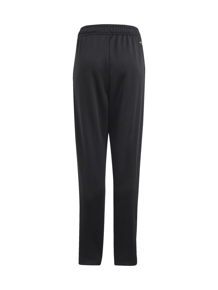 Conjunto deportivo Adidas negro con rayas blancas en las mangas, incluye chaqueta y pantalón.