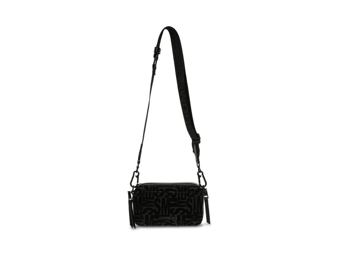Bolsa de hombro pequeña Steve Madden en color negro con diseño de monograma en relieve y correa ajustable.