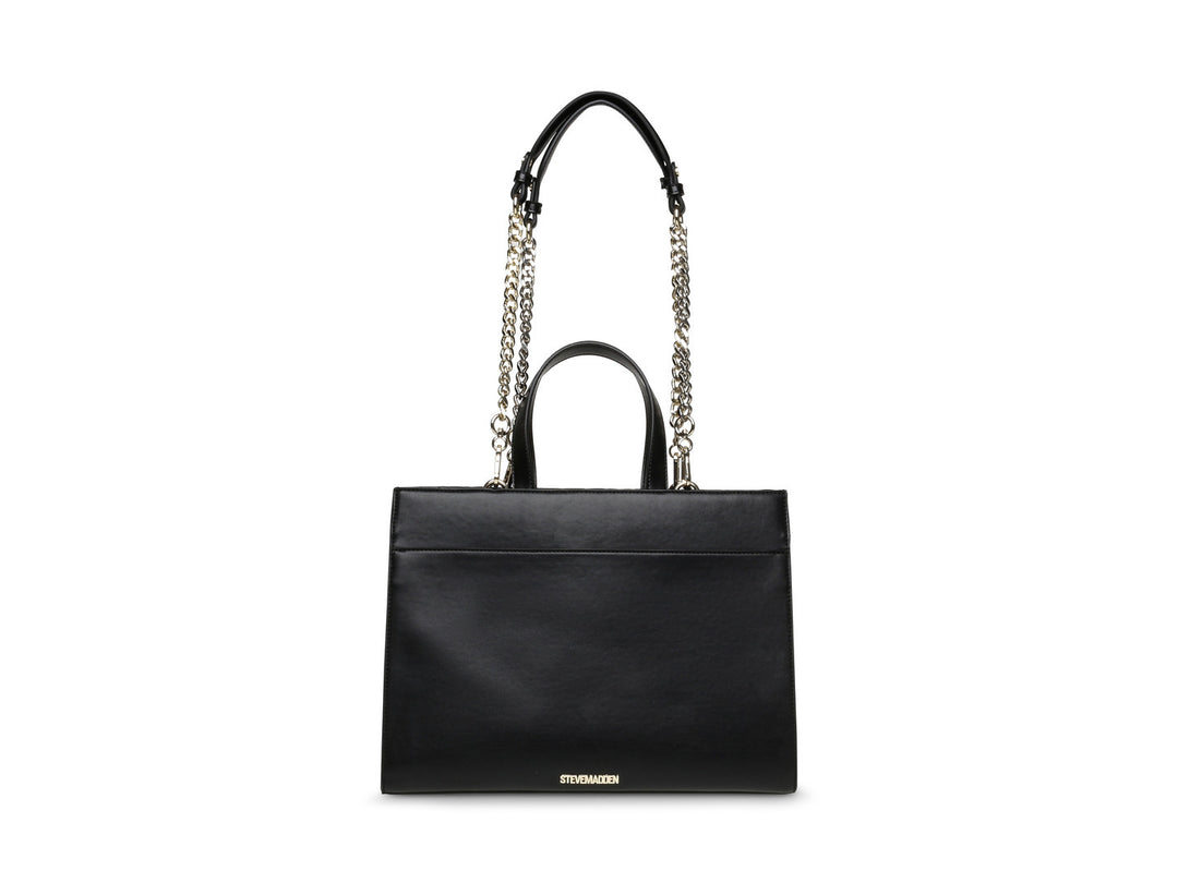 Bolso de hombro negro con diseño en relieve y detalles de cadena dorada.