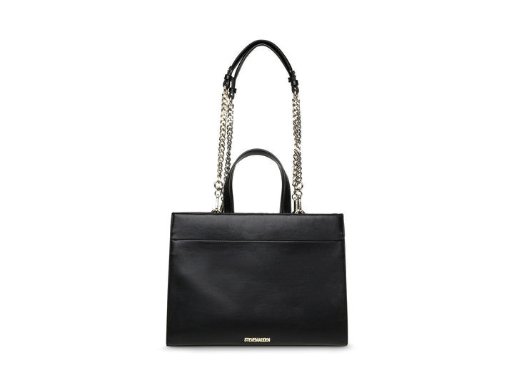 Bolso de hombro negro con diseño en relieve y detalles de cadena dorada.