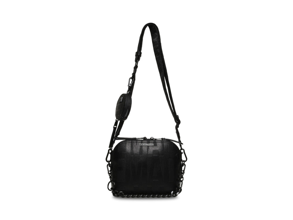 Bolso bandolera negro de Steve Madden con correa larga y detalles de cadena.