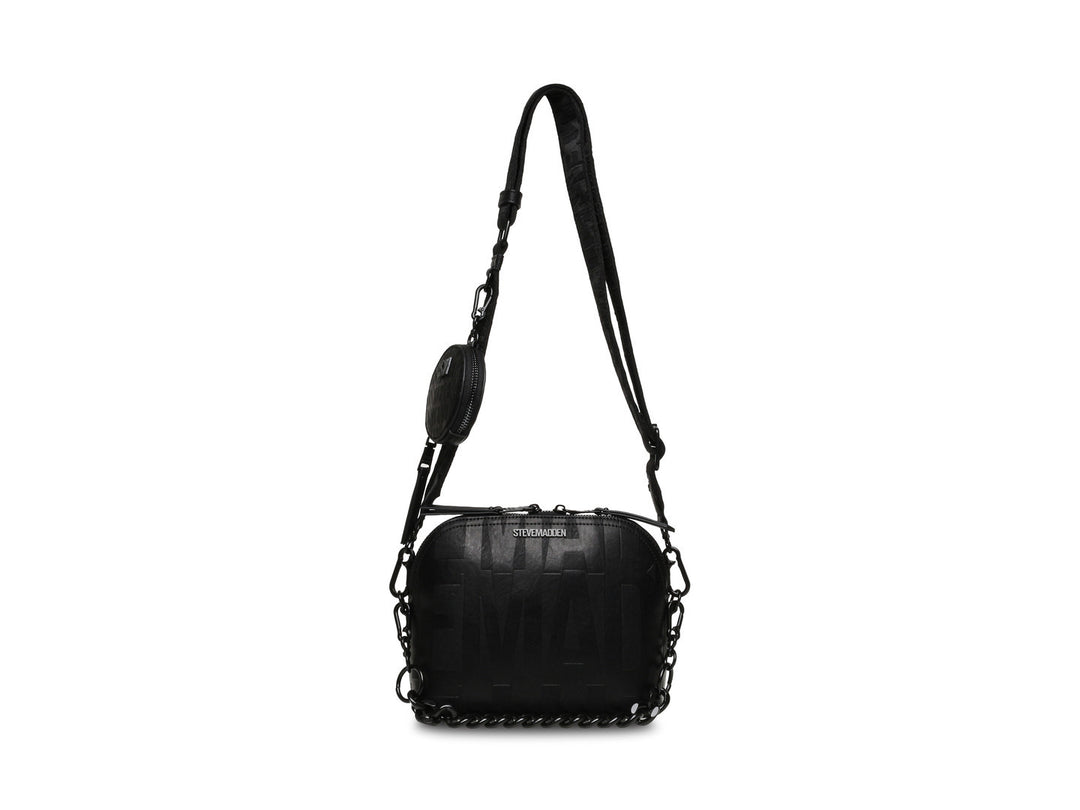 Bolso bandolera negro de Steve Madden con correa larga y detalles de cadena.
