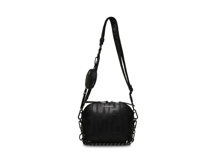 Bolso bandolera negro de Steve Madden con correa larga y detalles de cadena.