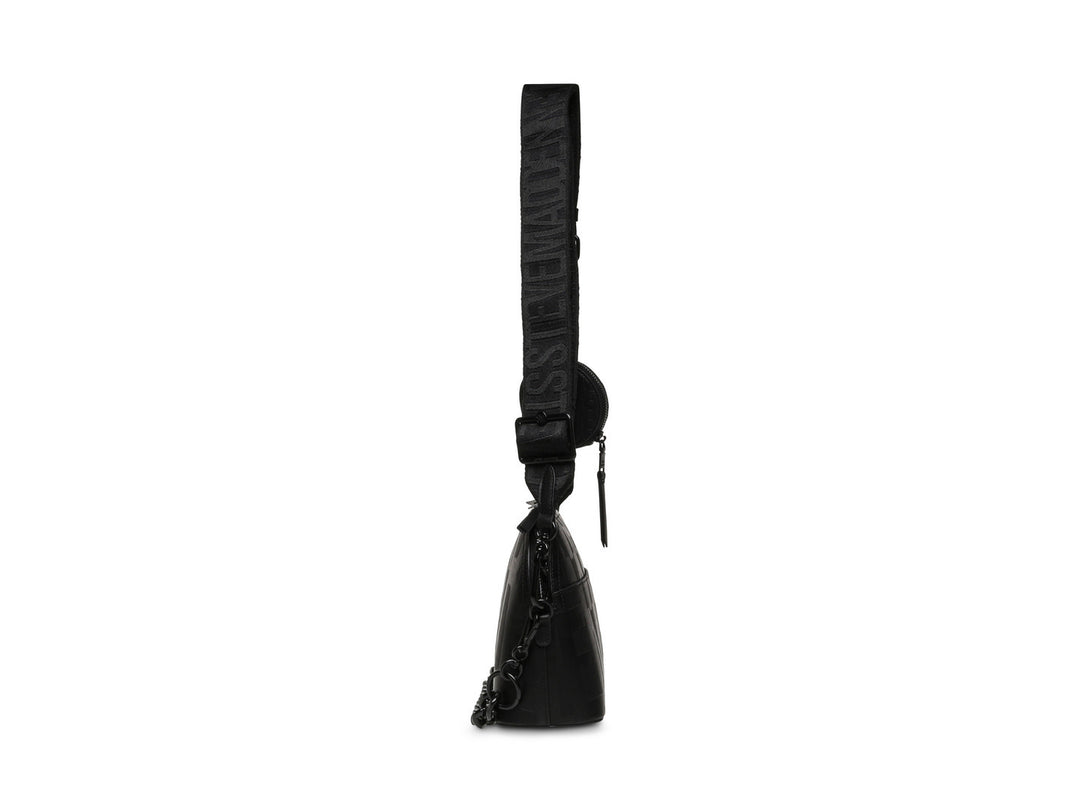 Bolso bandolera negro de Steve Madden con correa larga y detalles de cadena.