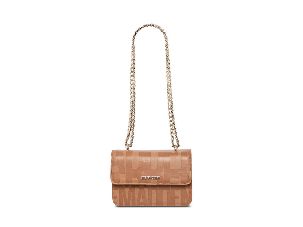 Bolso de hombro Steve Madden color camel con cadena dorada y logotipo estampado en la solapa.