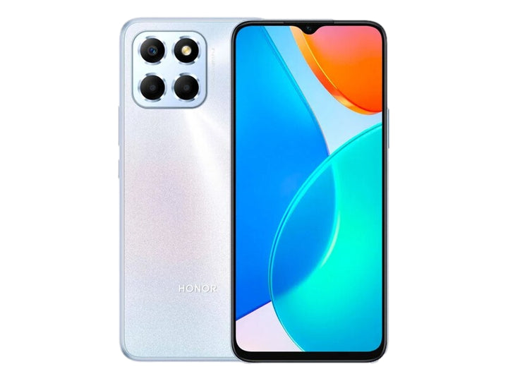 Smartphone Honor X6a color plata, mostrando la parte frontal con pantalla encendida y la parte trasera.