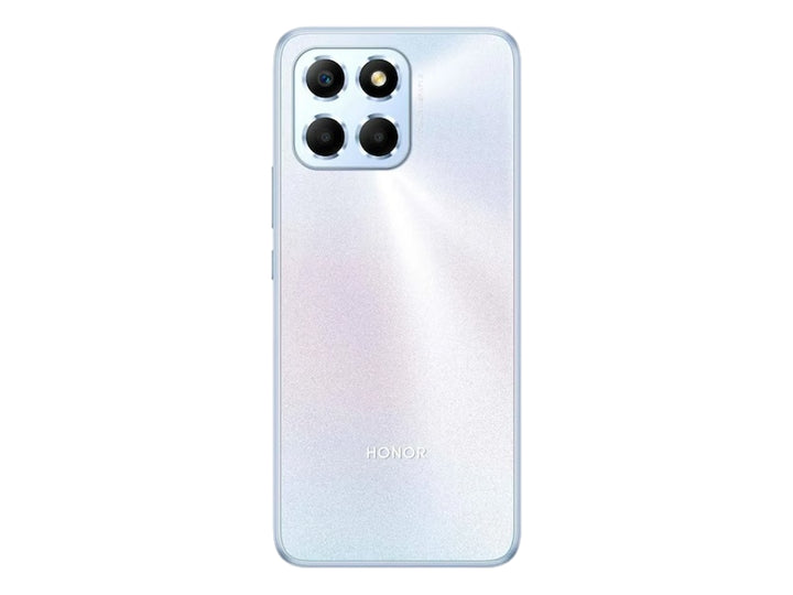 Smartphone Honor X6a color plata, mostrando la parte frontal con pantalla encendida y la parte trasera.