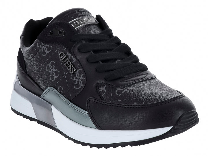 Tenis Guess color negro con detalles en plata y suela blanca para mujer.