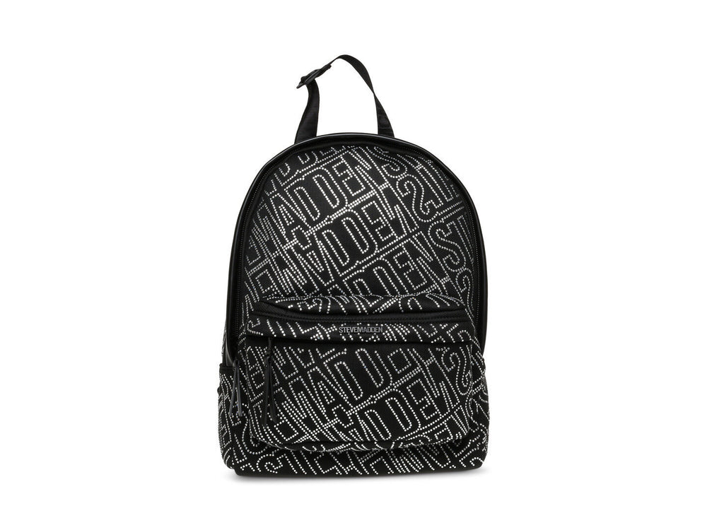 Mochila Steve Madden en color negro con estampado de letras en plata y bolsillo frontal.
