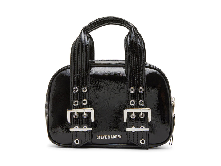 Bolso negro brillante de Steve Madden con asas superiores, correa de cadena y detalles de hebillas plateadas.