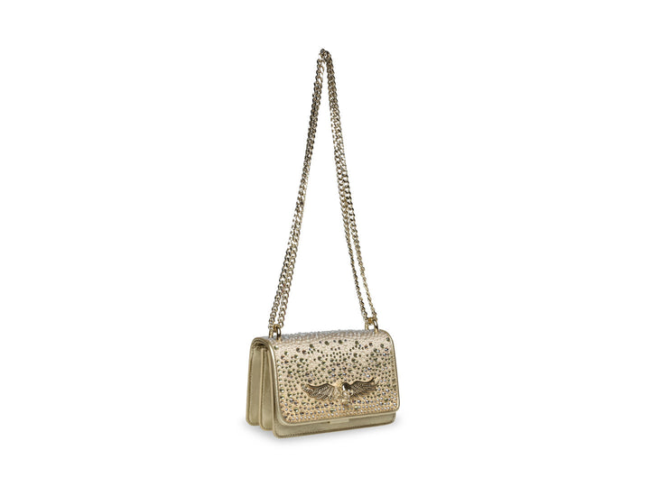 Bolso dorado Steve Madden con correa de cadena y adornos de cristales brillantes.