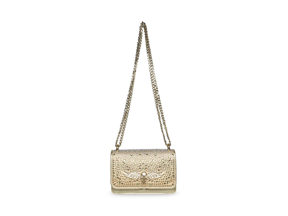 Bolso dorado Steve Madden con correa de cadena y adornos de cristales brillantes.