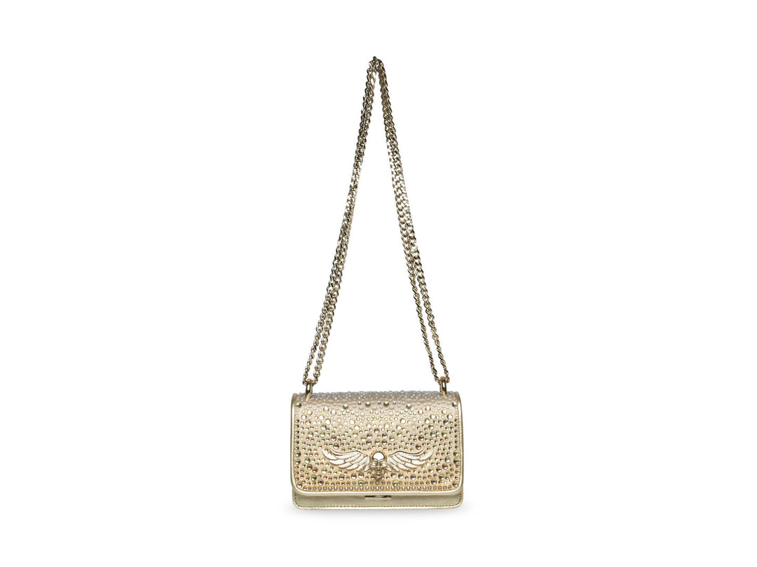 Bolso dorado Steve Madden con correa de cadena y adornos de cristales brillantes.
