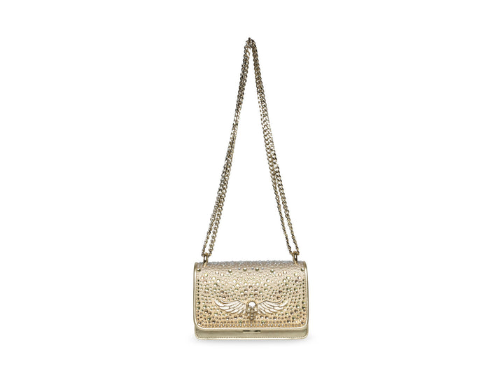 Bolso dorado Steve Madden con correa de cadena y adornos de cristales brillantes.