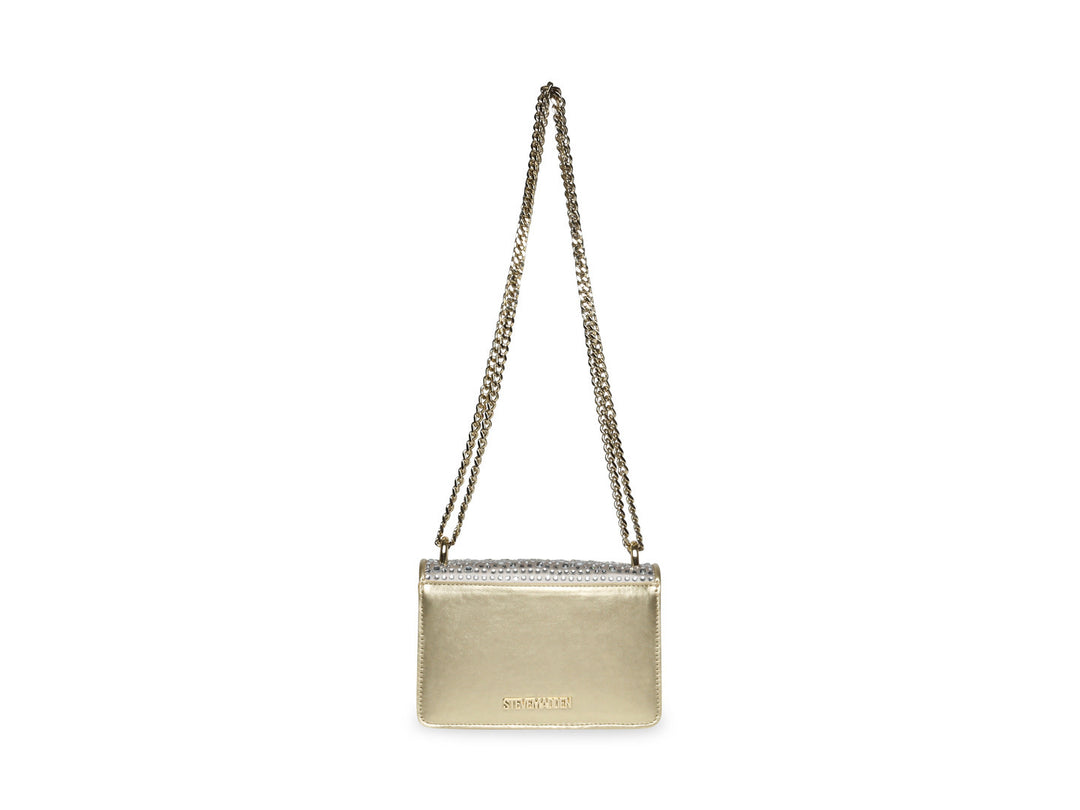 Bolso dorado Steve Madden con correa de cadena y adornos de cristales brillantes.