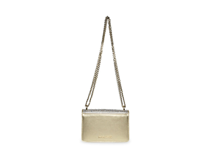 Bolso dorado Steve Madden con correa de cadena y adornos de cristales brillantes.