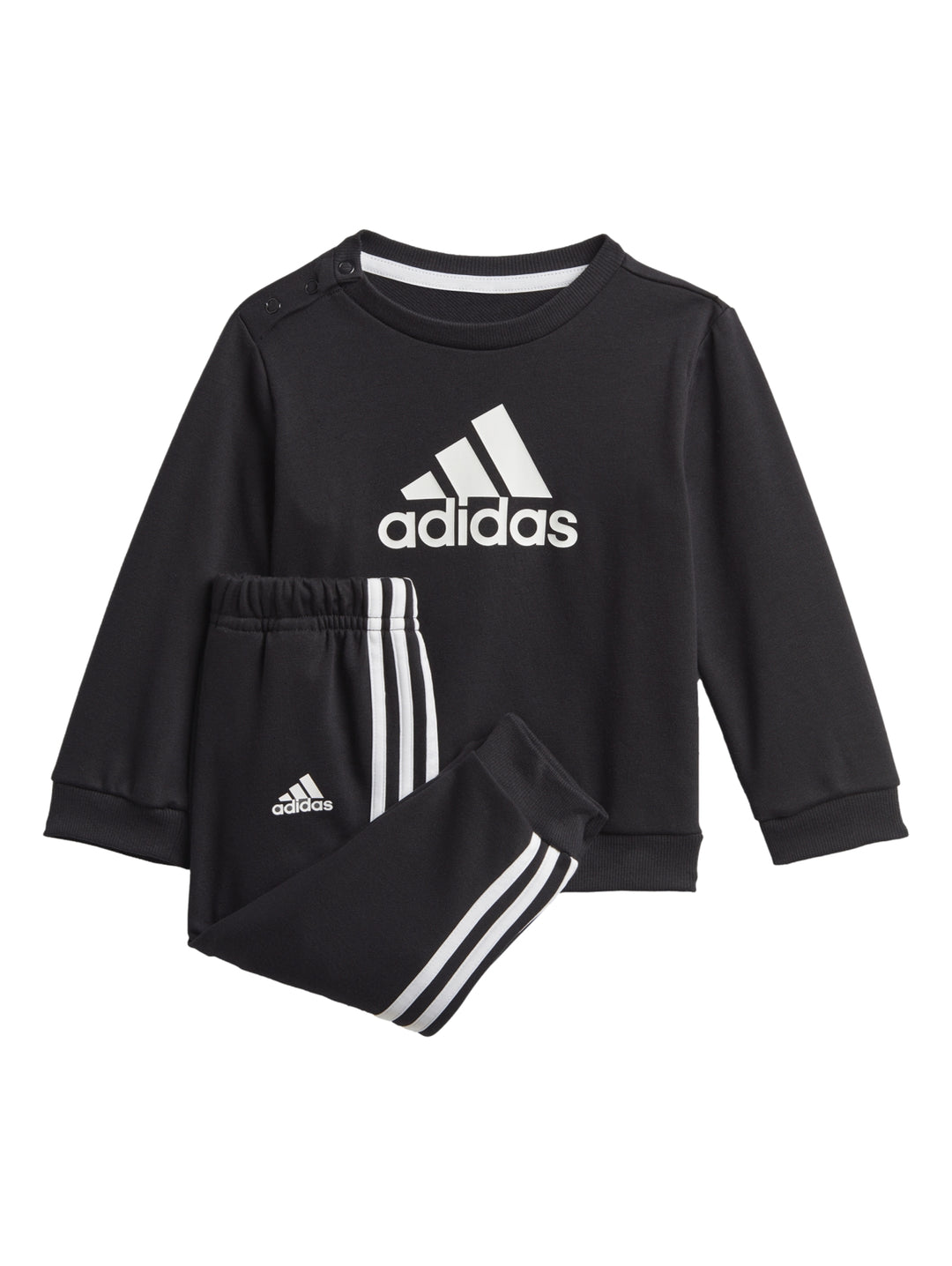 Conjunto deportivo Adidas para bebé en color negro con camiseta de manga larga y pantalones con rayas blancas.