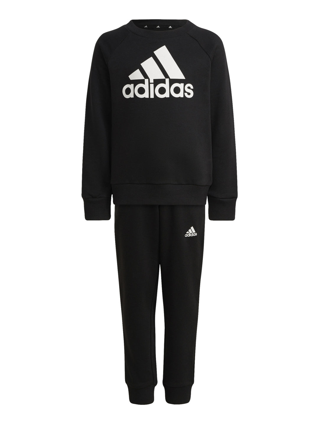 Conjunto deportivo Adidas negro para niños, incluye sudadera y pantalón con logo blanco.