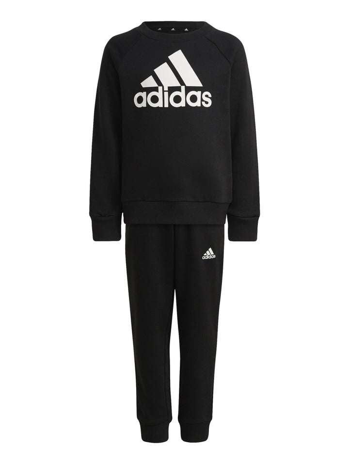 Conjunto deportivo Adidas negro para niños, incluye sudadera y pantalón con logo blanco.