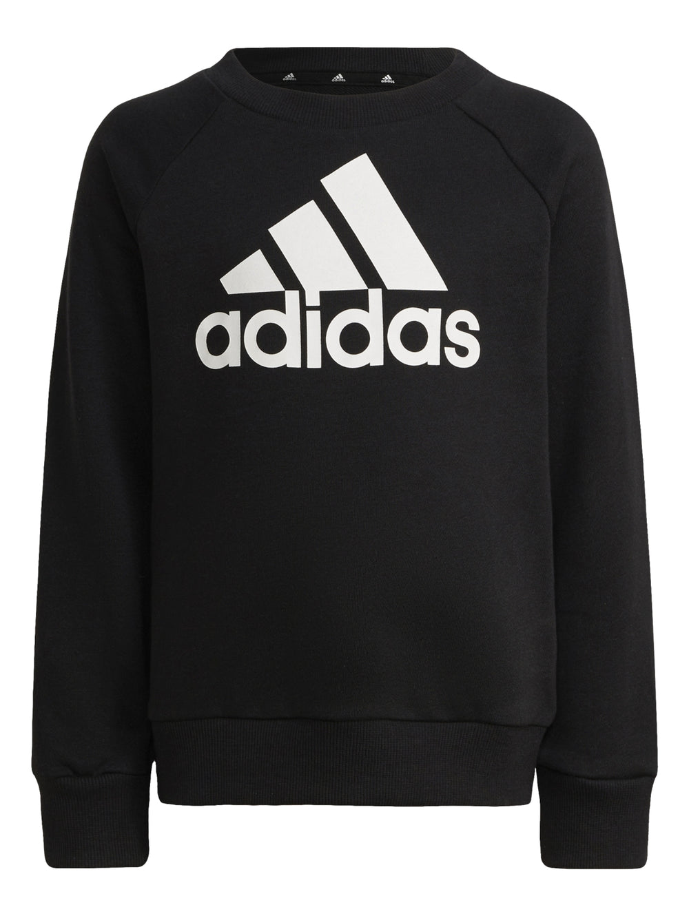 Conjunto deportivo Adidas negro para niños, incluye sudadera y pantalón con logo blanco.