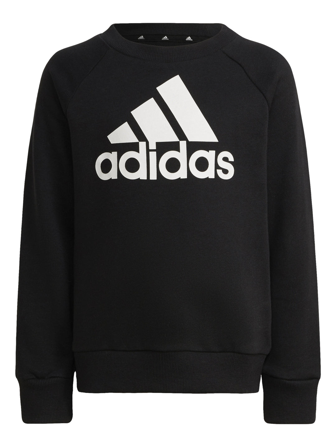 Conjunto deportivo Adidas negro para niños, incluye sudadera y pantalón con logo blanco.