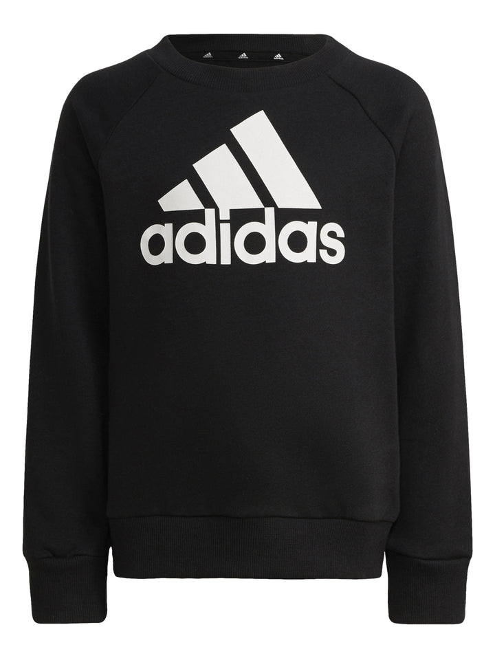 Conjunto deportivo Adidas negro para niños, incluye sudadera y pantalón con logo blanco.