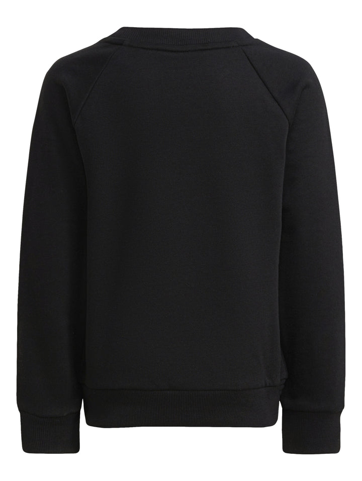 Conjunto deportivo Adidas negro para niños, incluye sudadera y pantalón con logo blanco.