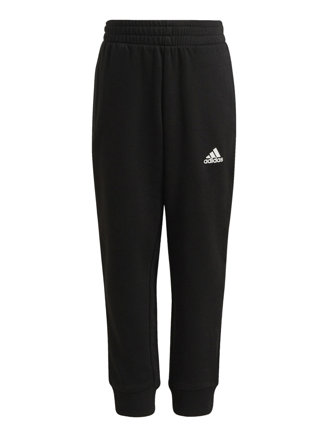 Conjunto deportivo Adidas negro para niños, incluye sudadera y pantalón con logo blanco.