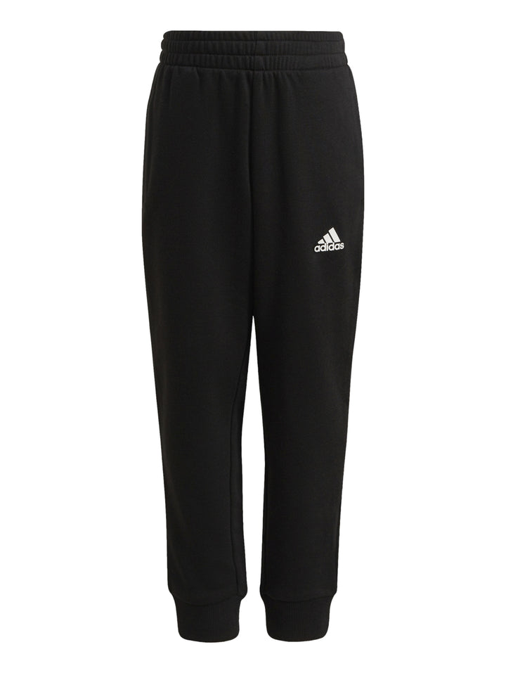 Conjunto deportivo Adidas negro para niños, incluye sudadera y pantalón con logo blanco.