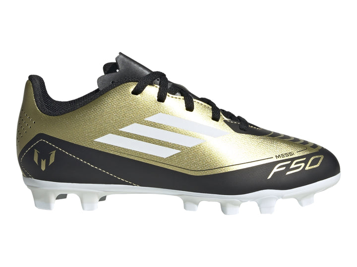 Zapato de fútbol Adidas F50 Club FXG en color dorado metalizado con detalles en negro y blanco.