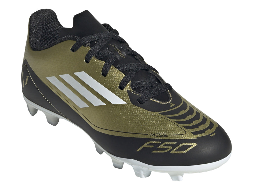 Zapato de fútbol Adidas F50 Club FXG en color dorado metalizado con detalles en negro y blanco.