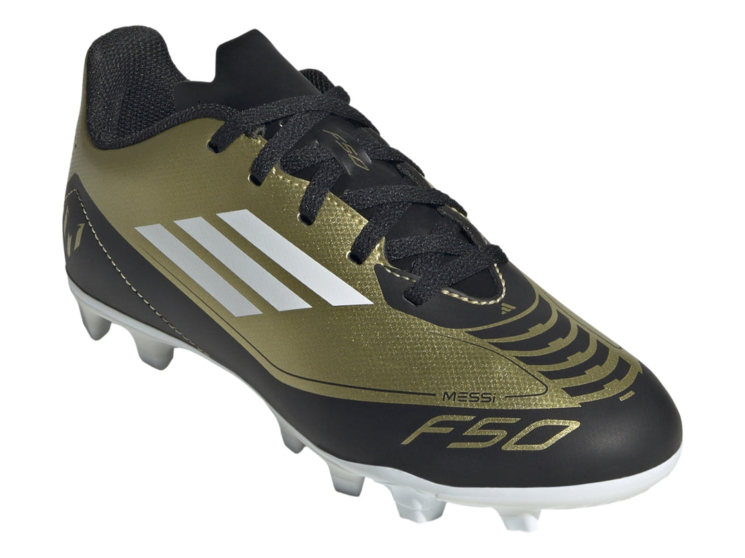 Zapato de fútbol Adidas F50 Club FXG en color dorado metalizado con detalles en negro y blanco.