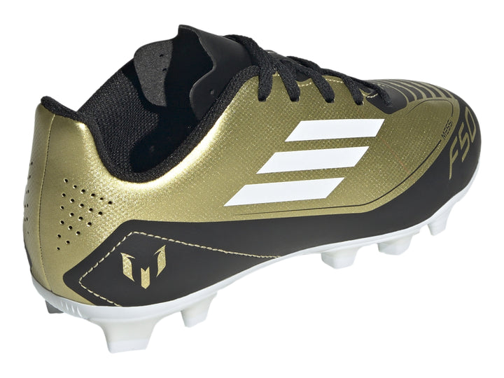Zapato de fútbol Adidas F50 Club FXG en color dorado metalizado con detalles en negro y blanco.