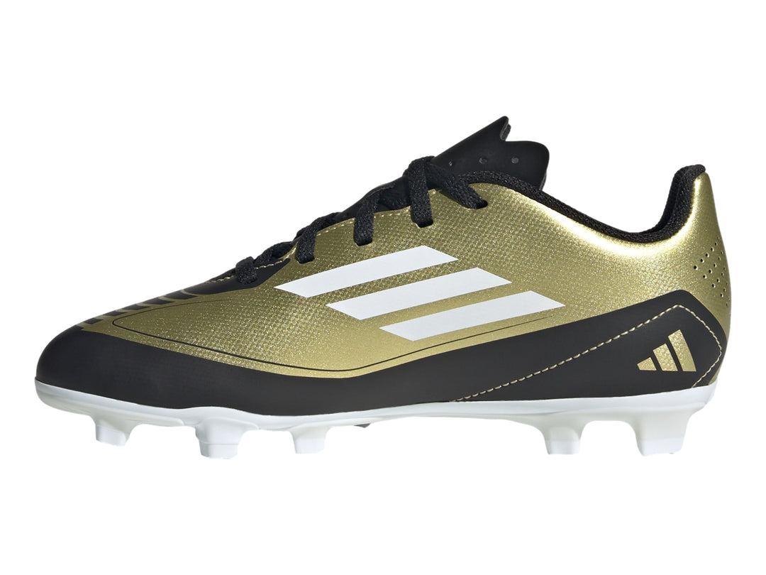 Zapato de fútbol Adidas F50 Club FXG en color dorado metalizado con detalles en negro y blanco.