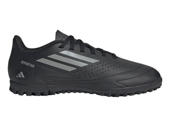 Zapato de fútbol Adidas Deportivo III TF en color negro con franjas grises y suela para césped sintético.