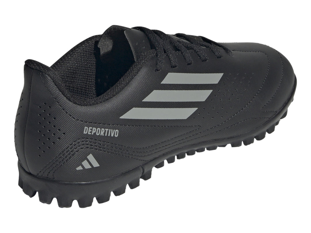 Zapato de fútbol Adidas Deportivo III TF en color negro con franjas grises y suela para césped sintético.