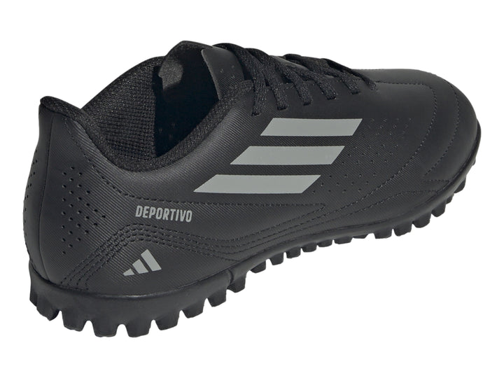 Zapato de fútbol Adidas Deportivo III TF en color negro con franjas grises y suela para césped sintético.