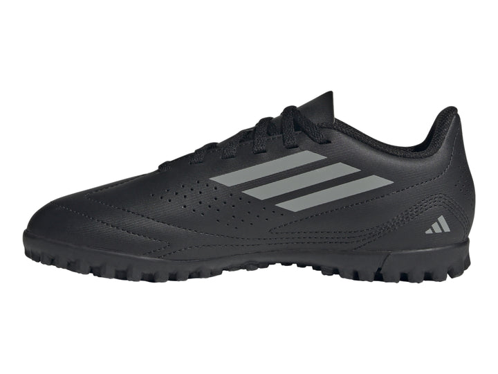 Zapato de fútbol Adidas Deportivo III TF en color negro con franjas grises y suela para césped sintético.