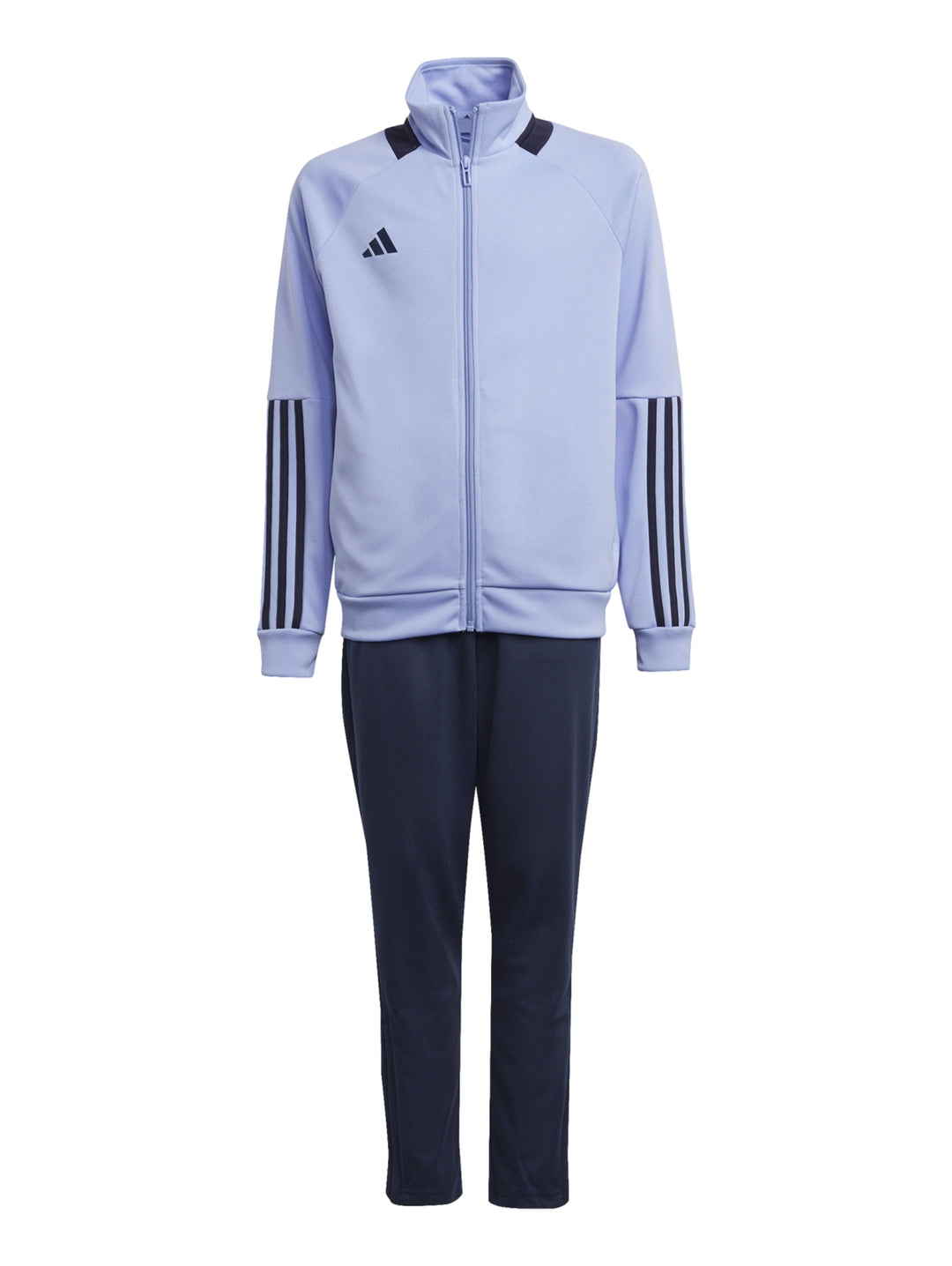 Conjunto deportivo Adidas para Niño compuesto por chaqueta azul claro y pantalón azul marino con rayas blancas.