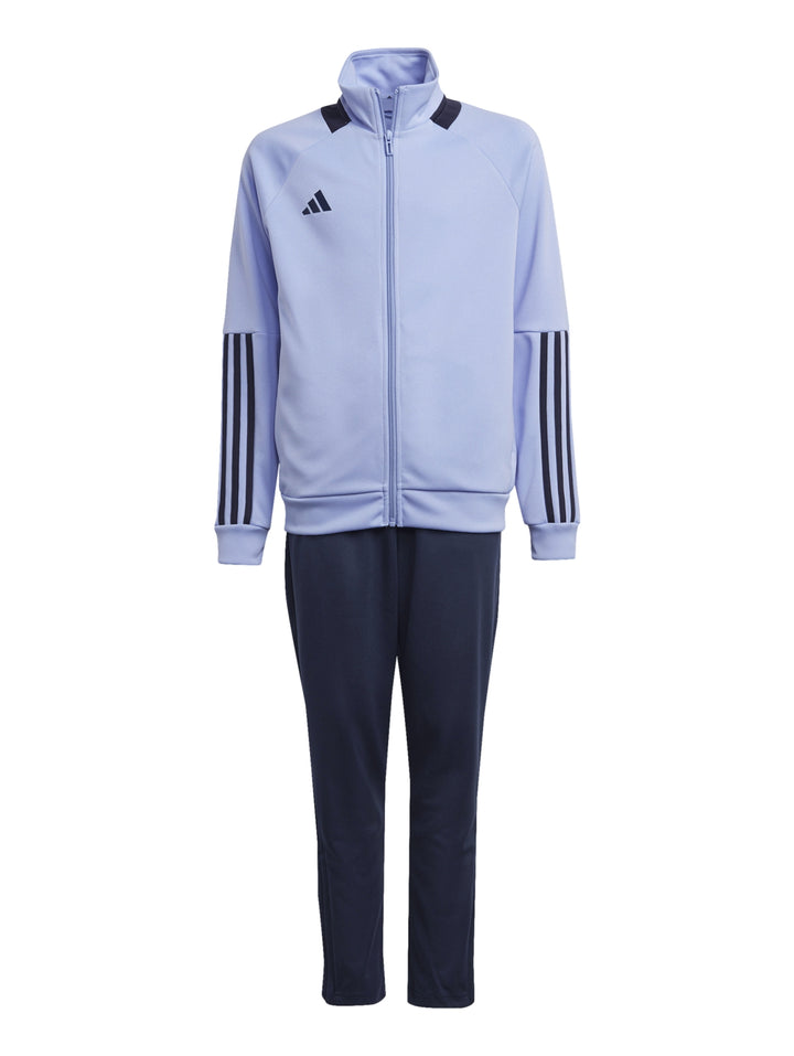 Conjunto deportivo Adidas para Niño compuesto por chaqueta azul claro y pantalón azul marino con rayas blancas.