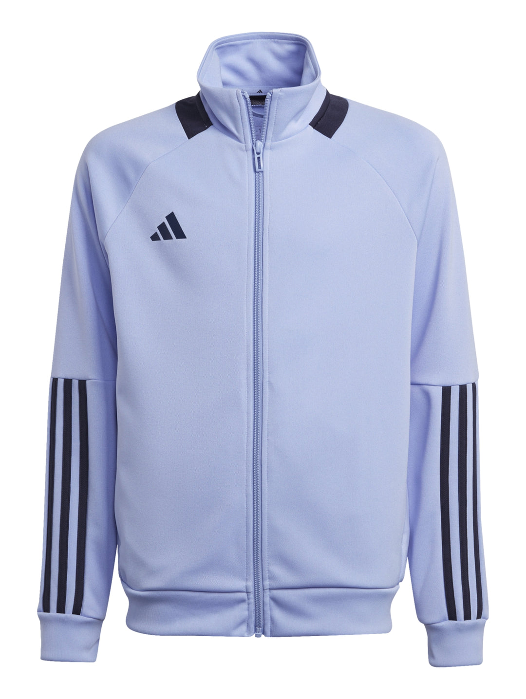 Conjunto deportivo Adidas para Niño compuesto por chaqueta azul claro y pantalón azul marino con rayas blancas.