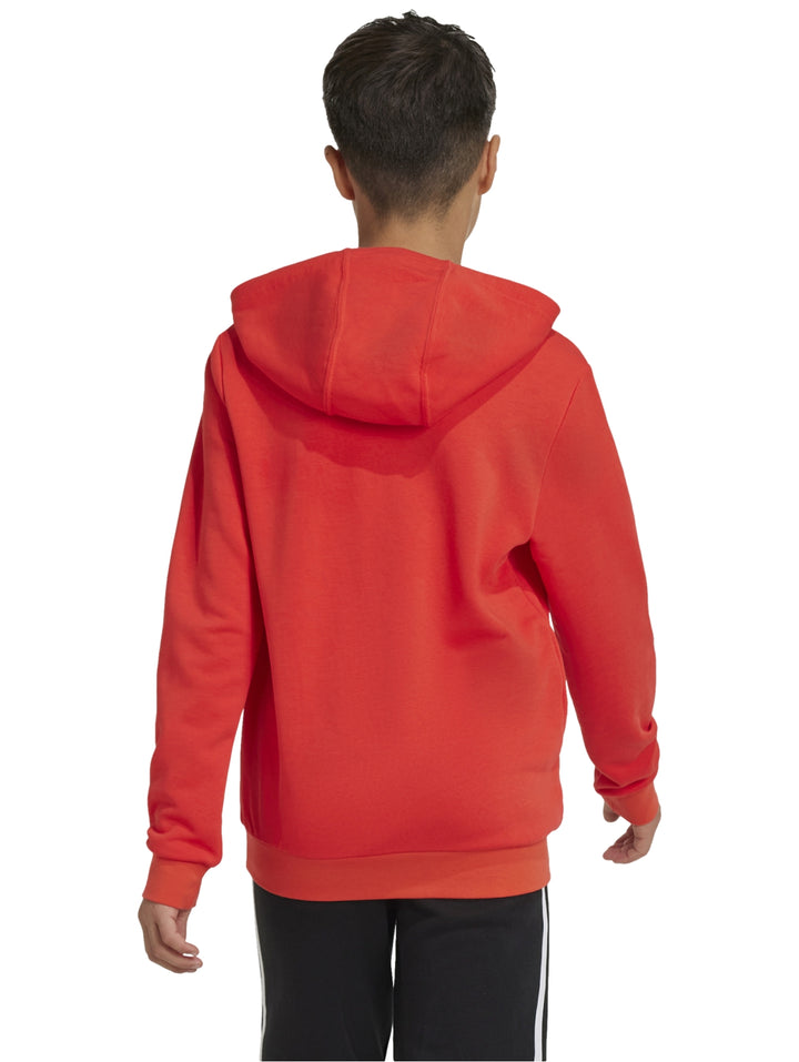 Sudadera roja Adidas con gorro y logo blanco grande en el pecho.