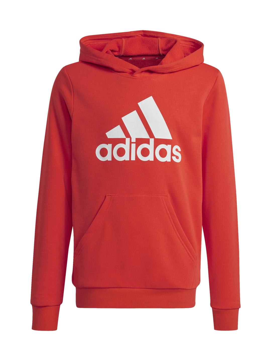Sudadera roja Adidas con gorro y logo blanco grande en el pecho.