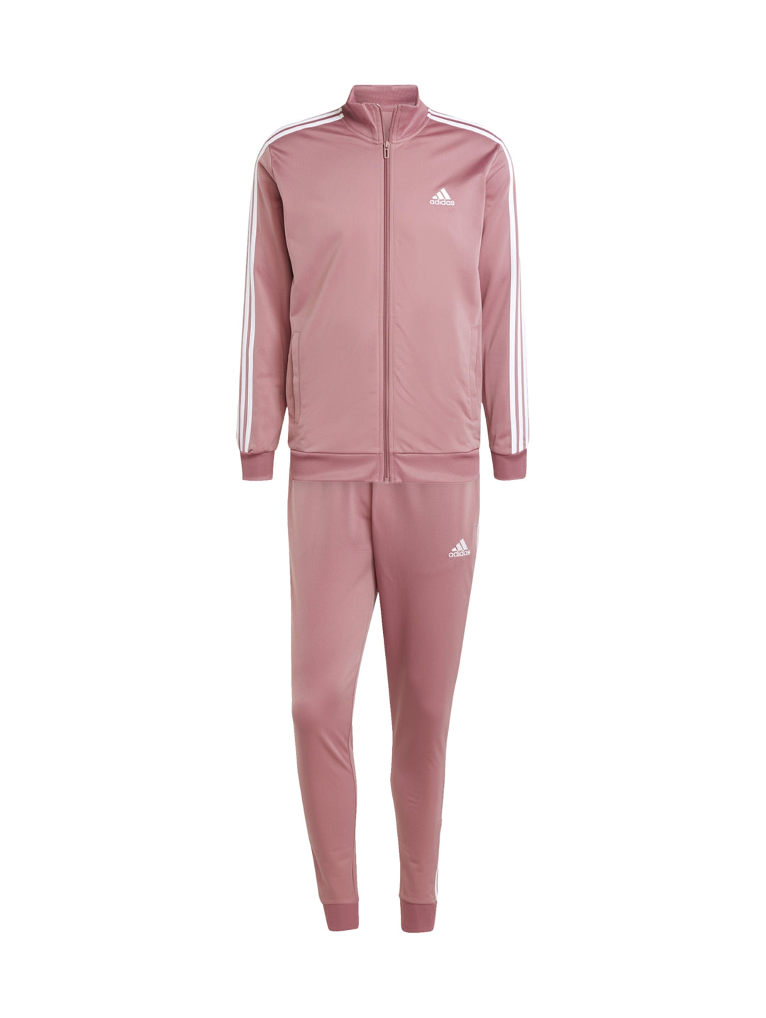 Hombre vistiendo conjunto deportivo Adidas de color rosa con tres franjas blancas laterales.