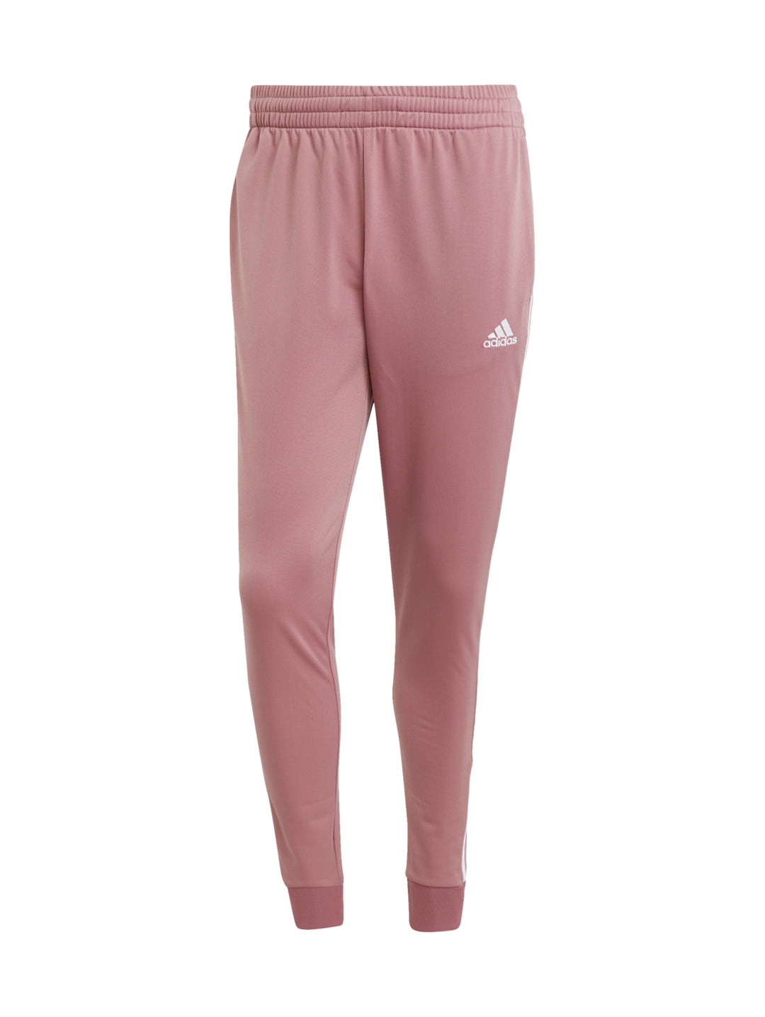 Hombre vistiendo conjunto deportivo Adidas de color rosa con tres franjas blancas laterales.