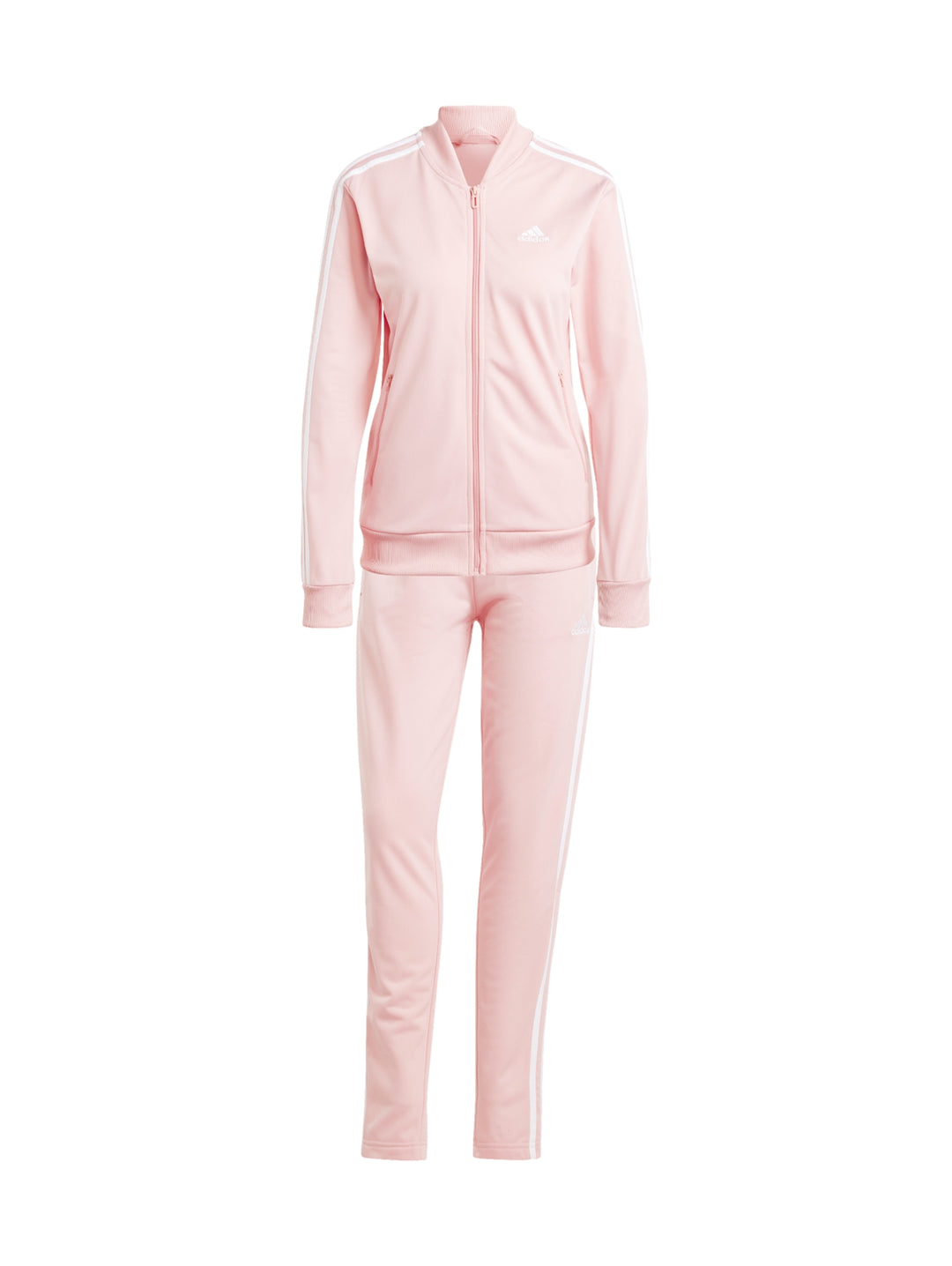 Conjunto deportivo Adidas color rosa claro con tres franjas blancas laterales, incluye chaqueta y pantalón para mujer.