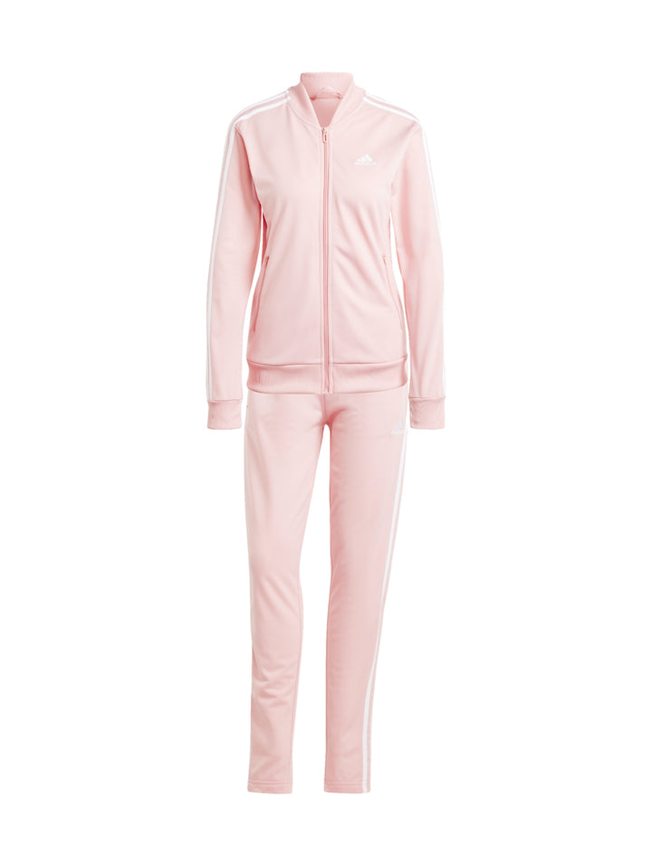 Conjunto deportivo Adidas color rosa claro con tres franjas blancas laterales, incluye chaqueta y pantalón para mujer.