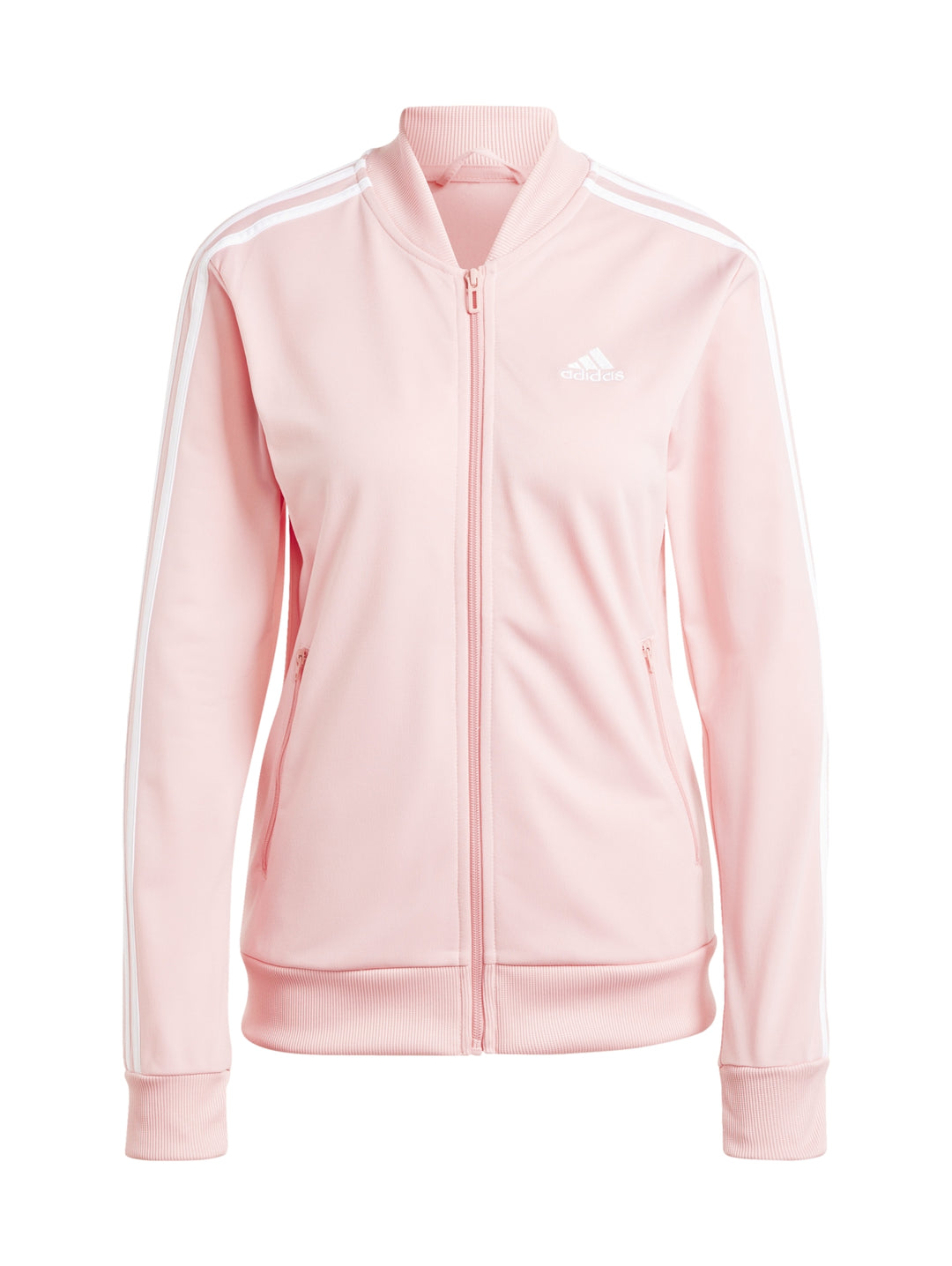 Conjunto deportivo Adidas color rosa claro con tres franjas blancas laterales, incluye chaqueta y pantalón para mujer.